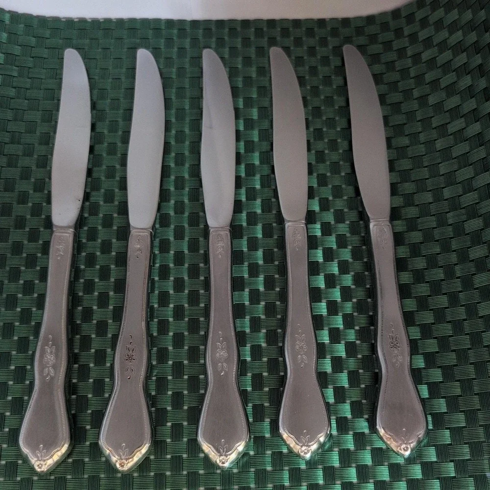 Oneida MORNING BLOSSOM Dinner Knives Set Lot of 5 Stainless Burnished Floral USA
